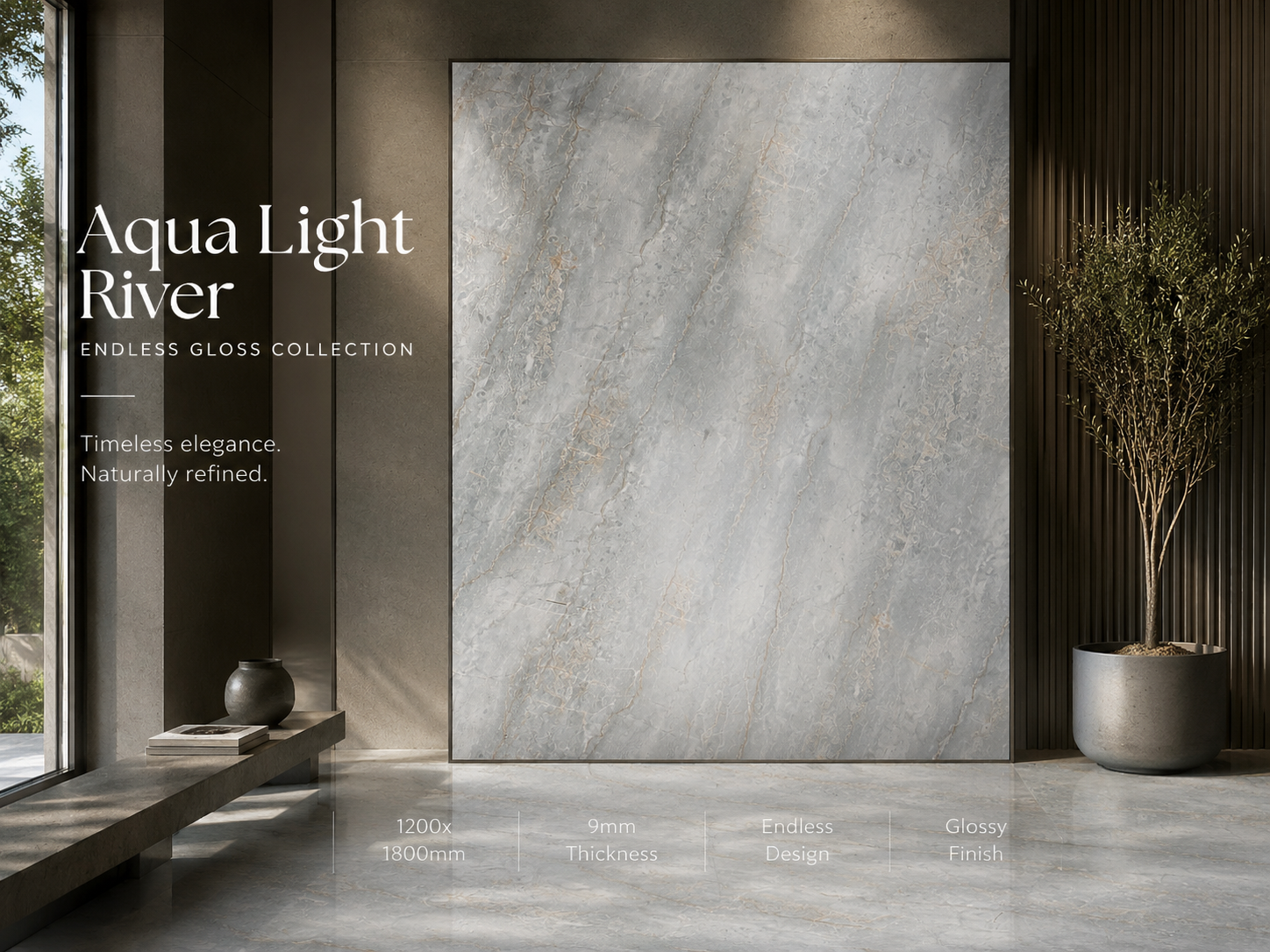 A large rectangular tile or slab sample with a light gray stone-like surface stands against a modern interior wall. Text on the left reads 'Aqua Light River' and 'ENDLESS GLOSS COLLECTION,' with additional small specs at the bottom.