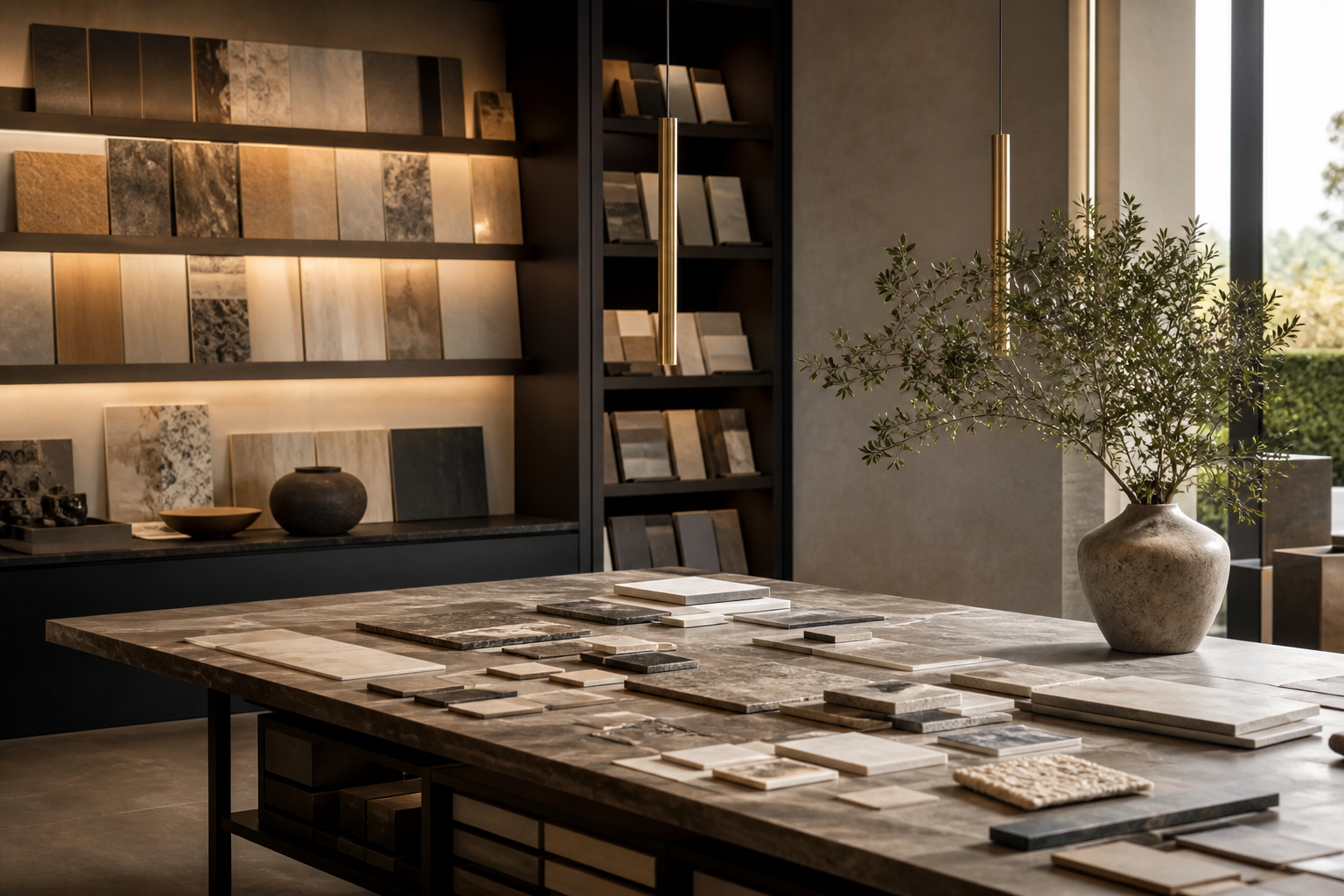 Illustrative premium tile showroom atmosphere