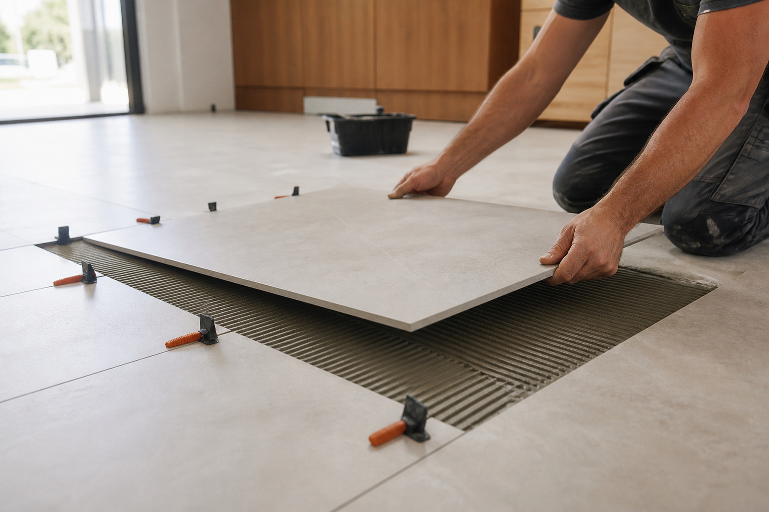 Editorial view of tile installation with adhesive application